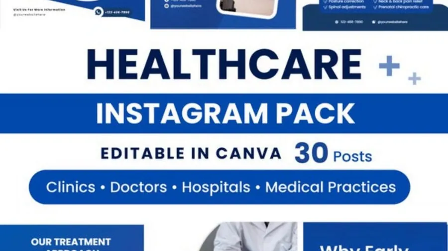 Orthopedic clinic Instagram post templates for Canva, 30 posts